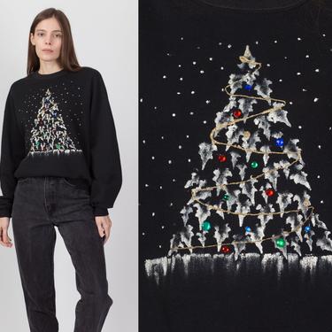90s Painted Christmas Tree Sweatshirt - Men's Large, Women's XL | Vintage Black Winter Snowy Graphic Pullover 