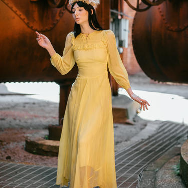 1940s yellow silk chiffon smocked dress OOAK antique dress 