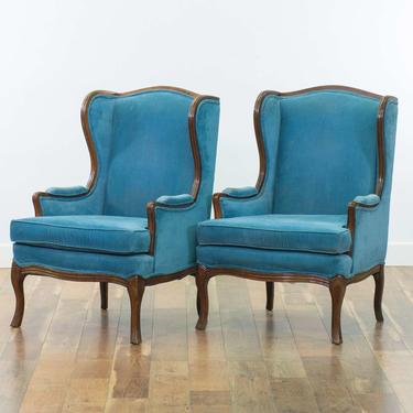 Pair Of Southern Furniture Co Blue Wingback Armchairs