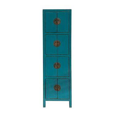 Chinese Distressed Bright Blue Narrow 4 Shelves Storage Cabinet cs7179E 