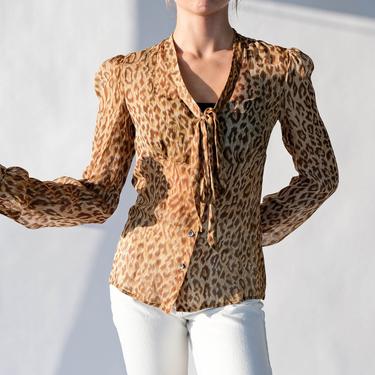 Vintage 90s Y2K Dolce & Gabbana Leopard Print Silk Empire Waist Blouse w/ Necktie | Made in Italy | 100% Silk | 1990s 2000s Designer Top 