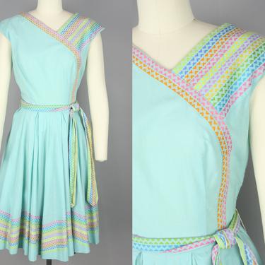 1950s Rainbow Trim Dress | Vintage 50s Asymmetrical Cotton Day Dress with Belt | medium 
