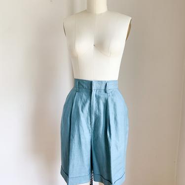 Vintage 1990s Teal Linen Bermuda Shorts / 27&quot; waist 