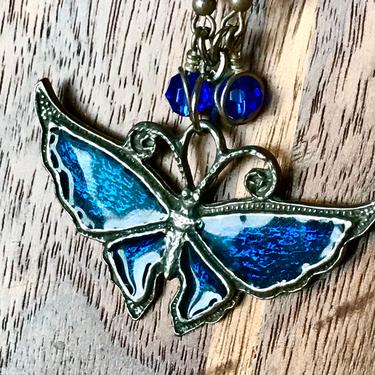 Vintage Butterfly Pendant Necklace Enamel Blue Glass Beads 1990s Signed Jewelry 