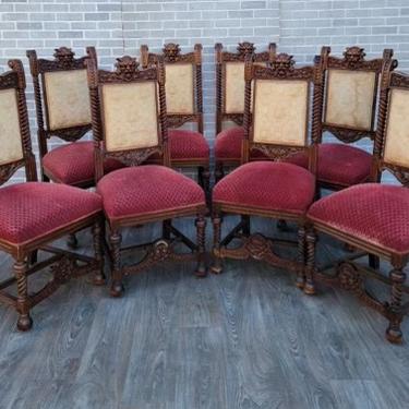 Antique French Renaissance Hand Carved Oak Figural Barley Twist Dining Chairs - Set of 8