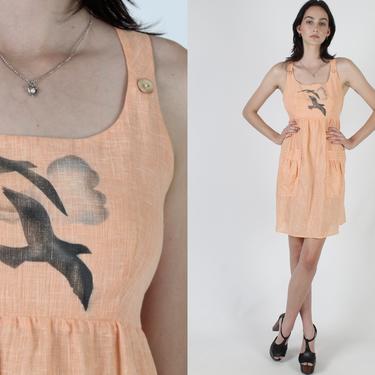 Vintage 70s Liberty House Mini Dress / Hand Painted Birds Print Dress / Peach Color Pinafore Patch Pockets Mini Dress 