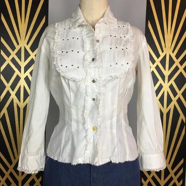 1950s blouse, white cotton, vintage 50s blouse, pin tucked, rhinestone buttons, mrs maisel, lace trim blouse, button up shirt, jo juniors 