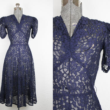1930's/40's Navy Blue Lace Swing Dress / Size Small 