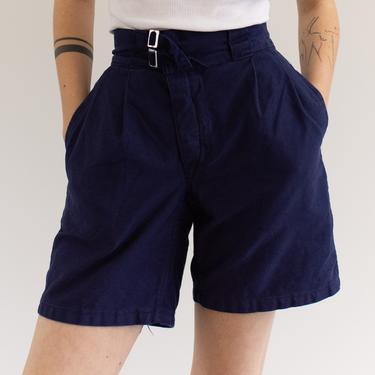 Vintage 25 Waist Pleat Blue Twill Chino Shorts | Italy Belted High Rise Workwear | Button Fly | SB025 