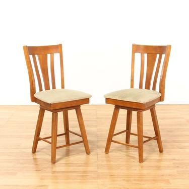 Pair Of Counter Height Wood Swivel Dining Chairs