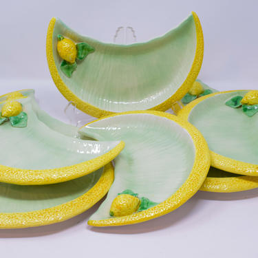 Set of 8 Vintage Majolica Style Lemon Halfmoon Italian Plates 