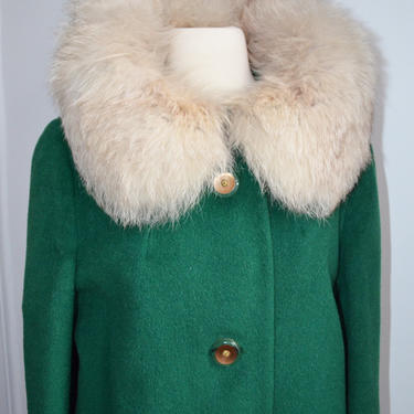 Vintage 50s 60s Green Wool Coat Fur Collar Mod Mad Men Jacket 1950s 1960s Womens White Cream Large Medium Long VLV Rockabilly Pin UP 