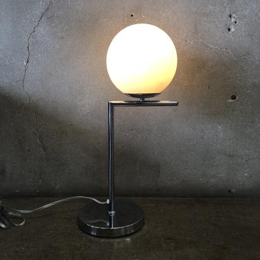 Mid Century Modern Chrome and White Globe Lollipop Table Lamp with Gas Lamp Bulb
