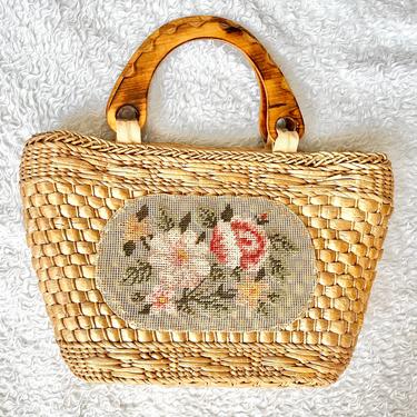 Large Woven Raffia Bag, Floral Needlepoint, Wood Handles, Vintage Straw Purse, Tote 