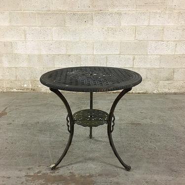 LOCAL PICKUP ONLY Vintage Patio Table Retro 1980s Round Black Cast Iron Bistro Table with Diamond + Flower Design for Patio + Outdoor Dining 