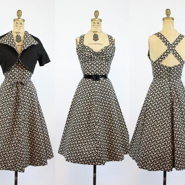1950s rose print strappy back sun dress xs | vintage dress and jacket | new in 