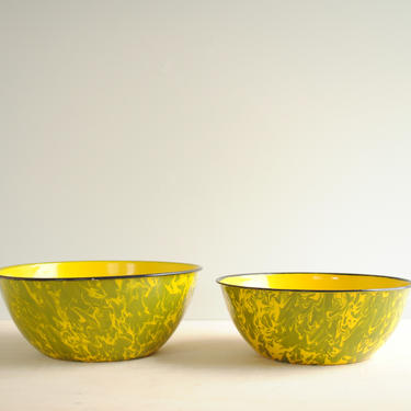 Vintage Yellow and Green Marbled Enamel Bowls, Pair of Mixing Bowls, Nesting Enameled Bowls 