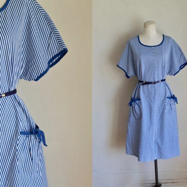 Vintage 1980s Blue &amp; White Striped House Dress / L-XL 