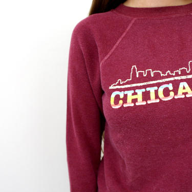 Chicago Sweatshirt // vintage 70s t-shirt boho hippie t shirt dress cotton tee blouse top sweater maroon // S Small 