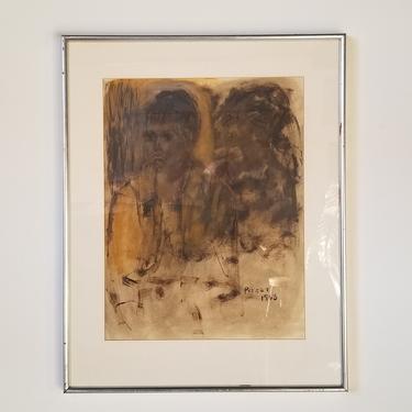 1960s Abstract Figurative Pastel Portrait Drawing, Framed 