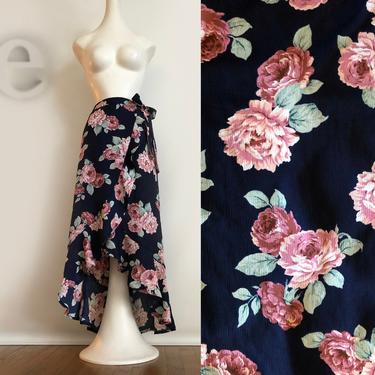 Vintage 90s Dark Floral Ruffled Maxi Skirt •  Grunge Romantic Edwardian Emo Garden Party Navy Blue Pink Roses Asymmetric Hemline Faux Wrap 