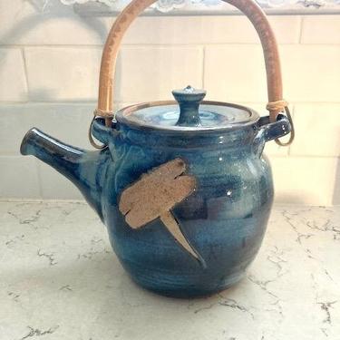 Vintage Handmade Blue Pottery Tea Pot with Bamboo Handle - Dragonfly Design, Antique Handmade Pottery Signed Tea Pot by LeChalet