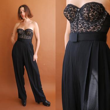 Vintage 80s Black Belted Trousers/ 1980s High Waisted Wide Leg Pants with Matching Belt/ Size Medium 28 
