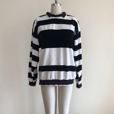 Black and White Striped Velour Pullover with Collar - 1980s 