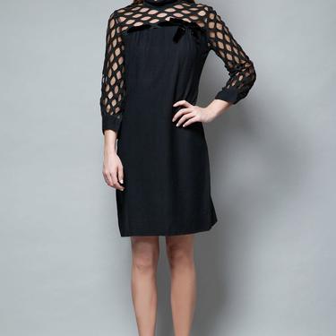 little black dress LBD vintage 50s crepe shift eyelet netting illusion lace M - Medium 
