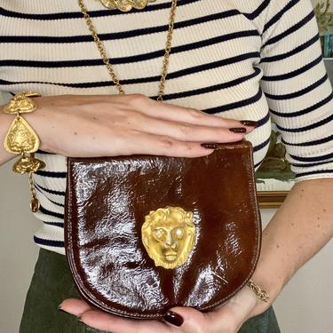Chocolate Brown Patent Leather Gold Lion Purse