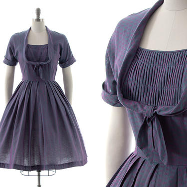Vintage 1950s Dress | 50s Bow Printed Sharkskin Cotton Purple Blue Fit and Flare Full Skirt Day Dress (small/medium) 