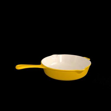 Vintage Danish Modern Enameled Cast Iron Pan Copco Michael Lax Design 1970s White &amp; Yellow Enamelware Cookware 