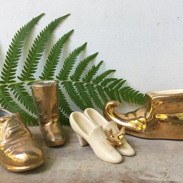 Vintage Instant Shoe Figurine Collection, Shelf Decor, Shoe Lover, Gold Elf Shoe, Gold Boot, Gold Oxford, Gold Bird On High Heels 