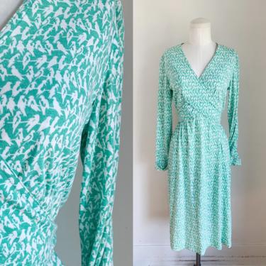 Vintage 1980s Green Bird Novelty Print Wrap Front Dress / M 