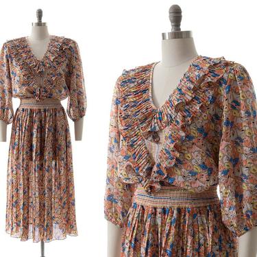 Vintage 1980s Dress | 80s Diane Freis Style Floral Pleated Ruffled Balloon Puff Sleeve Fit and Flare Romantic Midi Dress (small to x-large) 
