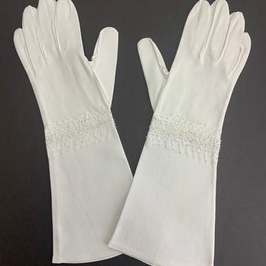 1950'S Beaded Dress Gloves - All Cotton - Hand Beaded with Clear Glass Beads - Women's Size Small 
