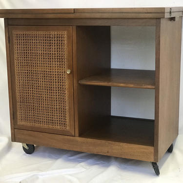 Free Shipping Within US - Vintage Mid Century Modern Cane Bar Cabinet Storage with Fold Out Table Top With Casters 
