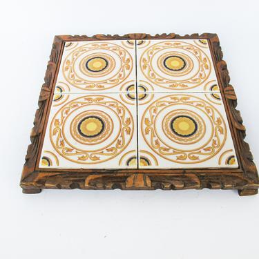 Vintage Hand Made Painted Tile and Carved Wood Tray /Trivet - Made in Mexico 