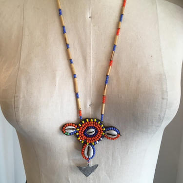 Long vintage necklace, 1970s beaded necklace, ethnic necklace, seed beads, pooka shell jewelry, Native American style 