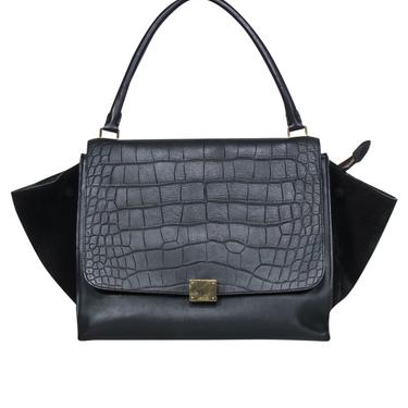 Celine - Black Leather Reptile Embossed Fold-Over Handbag