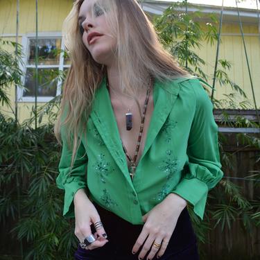 1970s blouse / 1970s green shirt / 1970s womens blouse / 70s top / kelly green blouse / unique collar blouse / 1970s retro blouse / vtg top 