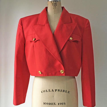 1980s 90s Gucci Gold Button Red Silk Cotton Faille Cropped Jacket 