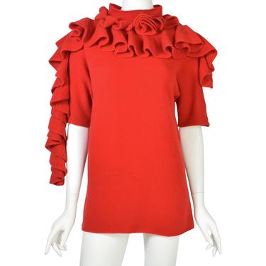 Issey Miyake Haat Heart Vintage Red Rosette Ruffle Scarf Cashmere Sweater