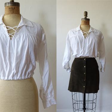 Vintage Cropped White Cotton Lace Up Blouse/ Medieval Style Long Sleeve Billowy Shirt/ Cosplay Costume/ Size Large XL 
