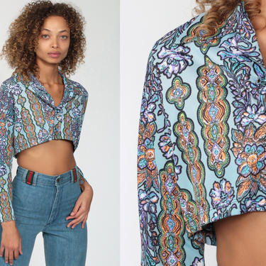 Boho Crop Top Blue Floral Blouse 70s Psychedelic Button Up Shirt Bohemian 1970s Vintage Boho Hippie Long Sleeve Small Medium 