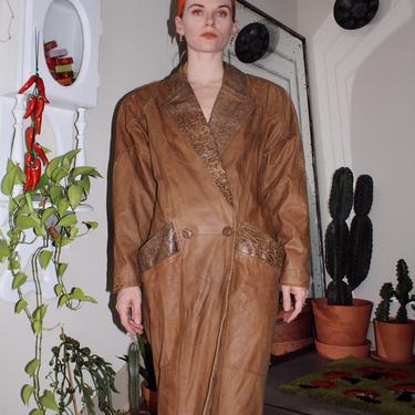 Brown Leather Coat with Snakeskin Trim 