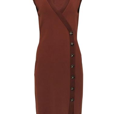 Reiss - Brown Knit Asymmetrical Button-Up "Eleni" Bodycon Midi Dress Sz L