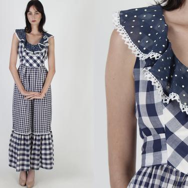 Blue Gingham Maxi Dress / Vintage 70s White Checkered Picnic Dress / Americana Plaid Long Fully Lined Dress 