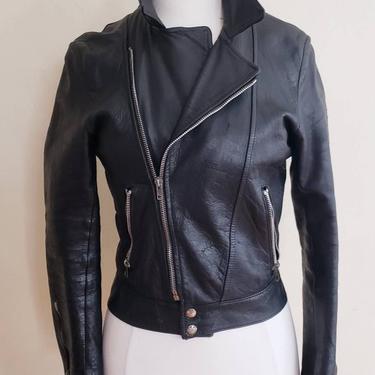 Vintage Black Leather Motorcycle Jacket / Ladies Cropped Fitted Biker Jacket with Zippers Distressed / S / Kiinka 