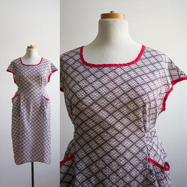 Vintage 1950s Plaid House Dress / Vintage Farm Dress / Soft Cotton 40s Summer Dress / Hand Made Vintage Summer Dress XL / Plus Size 